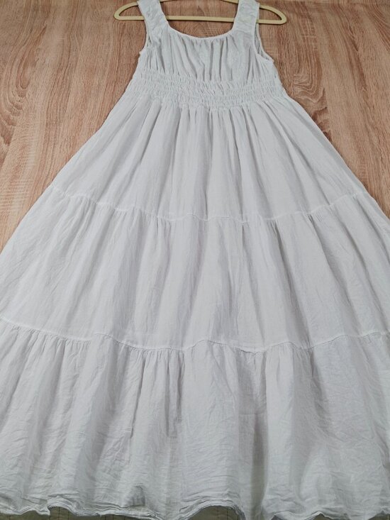 Boho XL White Embroidered Cotton Peasant Tiered Maxi Dress Smocked Stretch Waist - Picture 11 of 13